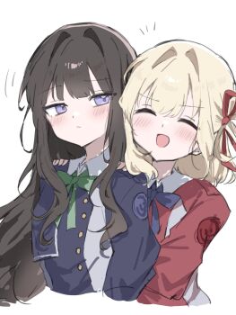2girls black_hair blonde_hair blue_ribbon blush closed_eyes closed_mouth commentary green_ribbon hair_ribbon hands_on_another&#039;s_shoulder highres inoue_takina long_hair lycoris_recoil lycoris_uniform medium_hair mesugakisaikou multiple_girls nishikigi_chisato one_side_up open_mouth purple_eyes red_ribbon ribbon sidelocks simple_background upper_body white_background