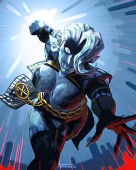 Rule 34 | angry, black dress, black thighhighs, breasts, chain, cleavage, clenched hand, diamond (gemstone), diamond (shape), diamond earrings, diamond skin, dress, earrings, emma frost, emma frost (x-revolution), gold, gold chain, highres, jewelry, large breasts, looking at viewer, marvel, marvel rivals, pepedraws, punching, red eyes, ring, shiny skin, tagme, thick thighs, thighhighs, thighs, x-men, x (symbol)