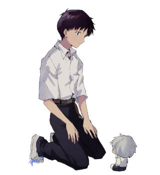 Rule 34 | 2boys, absurdres, belt, brown belt, closed mouth, collared shirt, full body, hashtag-only commentary, highres, ikari shinji, kneeling, looking at another, male focus, mini person, miniboy, multiple boys, nagisa kaworu, neon genesis evangelion, shirt, shirt tucked in, shoes, short hair, signature, simple background, undershirt, white background, white shirt, white shoes, yorumi1117