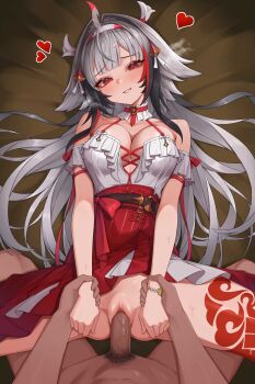 1boy 1girl absurdres animal_ears black_hair breasts cleavage clothed_female_nude_male clothed_sex commentary_request erection fox_ears fox_girl hair_spread_out hairband hank_(gogaek) heart hetero highres holding_another's_wrist korean_commentary long_hair looking_at_viewer lying missionary mixed-language_commentary multicolored_hairband no_panties nude on_back paid_reward_available penis pov pov_crotch pov_hands red_eyes red_skirt sex shirt skirt smile two-tone_hairband uncensored vaginal very_long_hair white_hair white_shirt ye_shunguang zenless_zone_zero