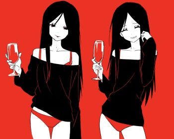 1girl black_hair colored_skin cowboy_shot cup helllmari long_hair original panties red_background red_panties red_theme shirt simple_background smile tongue tongue_out underwear white_skin