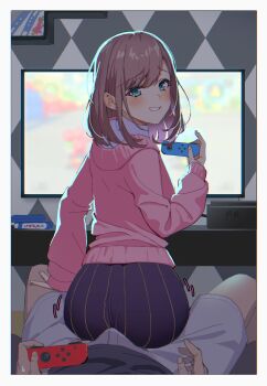 1boy 1girl absurdres aqua_eyes ass backlighting blush border bulge bulge_to_ass buttjob buttjob_over_clothes cardigan controller erection erection_under_clothes from_behind game_console game_controller goumudan hetero highres holding holding_controller indoors joy-con light_brown_hair looking_at_viewer looking_back medium_hair nijisanji nintendo_switch pants pink_cardigan playing_games pov shorts sitting sitting_on_lap sitting_on_person skirt smile solo_focus striped_clothes striped_skirt suzuhara_lulu sweatdrop teasing television tight_clothes tight_pants vertical-striped_clothes vertical-striped_skirt virtual_youtuber white_border