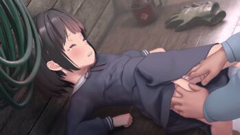 1boy 1girl 3d age_difference animated animated_gif arm_support blue_eyes blue_shirt blush bob_cut censored closed_eyes custom_udon dot_nose dress dutch_angle fingering flat_chest grabbing_another's_thigh hetero indoors leaning_back loli long_sleeves looping_animation lying mosaic_censoring no_panties on_back on_table open_mouth original pussy_juice ribbon school_uniform serafuku shirt short_hair socks solo_focus table tears