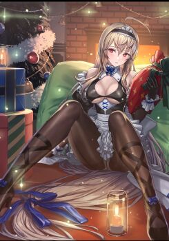 1girl ankle_lace-up apron bad_id bad_pixiv_id bare_shoulders bodystocking bow bowtie breasts brown_hair candle christmas_lights christmas_ornaments christmas_present christmas_tree cleavage cleavage_cutout clothing_cutout collar cuboon evertale evolution fireplace gift hair_spread_out hairband highres leaning_back leotard long_hair looking_at_viewer low-tied_long_hair maid maid_apron medium_breasts panties panties_under_pantyhose pantyhose pillow red_eyes rizette see-through_clothes see-through_legwear see-through_sleeves sitting solo spread_legs underwear very_long_hair