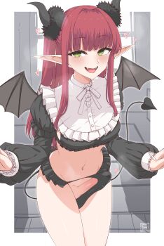 1girl black_panties bulge cosplay demon_horns demon_tail demon_wings erection erection_under_clothes fake_pointy_ears frilled_panties frilled_shirt frills fumato futanari highres horn_scrunchie horns kitagawa_marin panties rizu-kyun rizu-kyun_(cosplay) shirt sono_bisque_doll_wa_koi_wo_suru tail underwear wings
