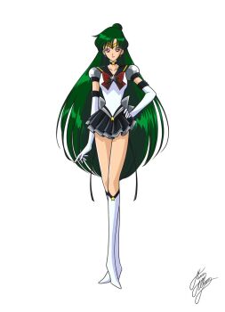 1girl bishoujo_senshi_sailor_moon black_choker black_skirt boots bow choker dark-skinned_female dark_skin earrings elbow_gloves female_focus full_body gloves green_hair hand_on_own_hip jewelry knee_boots long_hair looking_at_viewer marco_albiero meiou_setsuna red_bow sailor_pluto signature skirt solo standing tiara white_boots white_gloves