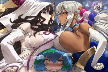 Rule 34 | 4girls, animal ears, area 15, bare shoulders, beads, black hair, blonde hair, blue hair, blush, breast press, breast rest, breasts, breasts on head, choker, cleavage, crossover, dark-skinned female, dark skin, detached sleeves, dress, earrings, earth-chan, elbow gloves, eyebrows hidden by hair, facial mark, fate/extra, fate/extra ccc, fate/grand order, fate (series), forehead mark, gloves, green hair, hair beads, hair ornament, hand on own hip, hands on own hips, haraya, haraya manawari, highres, holocouncil, hololive, hololive english, hololive indonesia, horns, huge breasts, jewelry, kaniko (tsukumo sana), large breasts, long hair, long sleeves, looking at another, low twintails, moona hoshinova, multicolored hair, multiple crossover, multiple girls, sessyoin kiara, sessyoin kiara (heaven's hole), short hair, sideboob, sidelocks, space, star (sky), symmetrical docking, tsukumo sana, tsukumo sana (1st costume), twintails, veil, virtual youtuber, wavy hair, white dress, white gloves, wide sleeves, yellow eyes