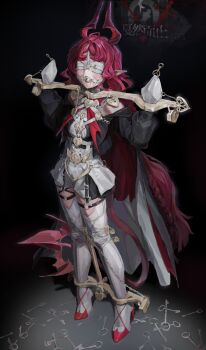 1girl a_tea absurdres arknights ball_gag bare_shoulders breasts broken_key chastity_belt clothing_cutout dress full_body gag gag_harness gagged high_heels highres key lock long_hair nymph_(arknights) one_bar_prison one_eye_closed padlock pantyhose pink_eyes pointy_ears red_hair restrained saliva skindentation small_breasts solo spreader_bar standing very_long_hair white_pantyhose