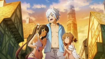 1girl 2girls :t anime_coloring arm_between_breasts bell_cranel between_breasts bikini black_hair blue_eyes blue_shirt blush breasts brown_eyes brown_hair danmachi_battle_chronicle double_arm_hug dungeon_ni_deai_wo_motomeru_no_wa_machigatteiru_darou_ka embarrassed game_cg girl_sandwich grey_male_swimwear half-timbered hestia_(danmachi) highres house jealous liliruca_arde long_hair looking_at_another low_twintails male_swimwear medium_breasts multi-strapped_bikini_bottom multiple_girls navel non-web_source official_alternate_costume official_art open_clothes open_mouth open_shirt outdoors pout red_eyes sandwiched shirt short_hair short_twintails smile stomach sweatdrop swimsuit tower twintails white_bikini