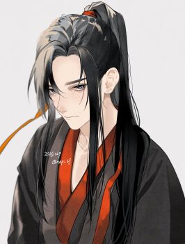 Rule 34 | 1boy, bishounen, black hair, black hanfu, chinese clothes, closed mouth, commentary request, dated, eyelashes, grey background, grey eyes, hair ribbon, hanfu, highres, long hair, male focus, modao zushi, ponytail, red ribbon, ribbon, robe, sidelocks, simple background, solo, twitter username, upper body, wei wuxian, white background, ykmr (haga)