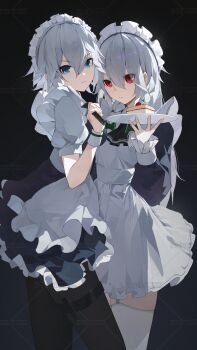 2girls absurdres apron artist_name black_background black_pantyhose blue_dress blue_eyes bow braid cake cake_slice dress dual_persona eyes_visible_through_hair food garter_straps green_bow grey_hair hair_between_eyes hair_bow highres holding holding_knife holding_plate izayoi_sakuya kenkxx knife long_hair long_sleeves looking_at_viewer maid maid_apron maid_headdress multiple_girls pantyhose plate puffy_short_sleeves puffy_sleeves red_eyes short_sleeves simple_background thighhighs touhou twin_braids waist_apron watermark white_thighhighs white_wrist_cuffs wrist_cuffs