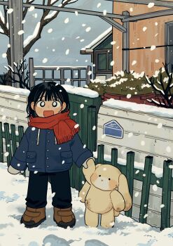 1girl absurdres bare_tree black_eyes black_hair black_pants blue_coat blush boots bright_pupils brown_boots coat fence highres holding holding_stuffed_toy looking_at_viewer mittens open_mouth original outdoors pants red_scarf scarf short_hair sihyun25 smile snow snowing solo standing stuffed_animal stuffed_rabbit stuffed_toy tree white_mittens white_pupils