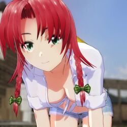 1girl 3d animated breasts cleavage denim denim_shorts downblouse earrings green_eyes hong_meiling jewelry jiggle leaning_forward looking_at_viewer medium_breasts mofumoko5 no_bra red_hair shorts smile solo thighs touhou video