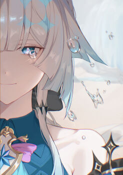 1girl absurdres ascot black_bow blue_ascot blue_dress blue_eyes blue_hair blunt_bangs bow bowtie cerydra_(honkai:_star_rail) closed_mouth collarbone collared_dress commentary_request crying crying_with_eyes_open crystal_hair detached_sleeves diamond-shaped_pupils diamond_(shape) dress emblem grey_hair hair_between_eyes hair_bow hair_ornament half-closed_eye highres honkai:_star_rail honkai_(series) long_hair low_ponytail multicolored_hair nei00nei pink_bow pink_bowtie pink_pupils ponytail sidelocks sleeveless sleeveless_dress smile solo sparkle star_(symbol) symbol-shaped_pupils tears two-tone_hair upper_body water_drop