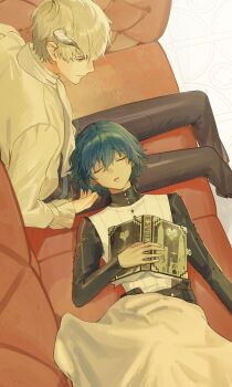 Rule 34 | 2boys, abi 07km, black pants, blue hair, book, buttons, closed eyes, closed mouth, couch, dark-skinned male, dark skin, feet out of frame, frilled sleeves, frills, grey eyes, grey hair, hair between eyes, highres, horns, lap pillow, long sleeves, looking at another, lying, male focus, metaphor: refantazio, multiple boys, on back, open book, pants, parted bangs, parted lips, protagonist (metaphor: refantazio), shirt, sitting, sleeping, smile, strohl (metaphor: refantazio), under covers, white shirt