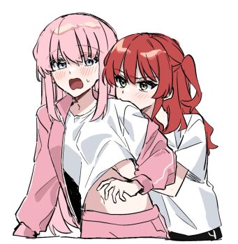 2girls biting bocchi_the_rock! commentary_request danji_bang gotoh_hitori green_eyes grey_eyes hand_under_clothes hand_under_shirt jacket kita_ikuyo korean_commentary long_hair multiple_girls neck_biting one_side_up open_clothes open_jacket pink_hair pink_jacket red_hair shirt simple_background white_background white_shirt yuri