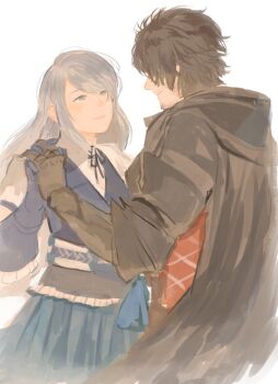 1boy 1girl black_cloak black_gloves black_hair blue_gloves blue_skirt blue_vest breasts clive_rosfield cloak couple facial_hair final_fantasy final_fantasy_xvi gloves grey_eyes grey_hair hetero highres holding_hands hood hood_down hooded_cloak interlocked_fingers j2_path jill_warrick long_hair looking_at_another medium_breasts red_vest shirt short_hair single_glove sketch skirt smile swept_bangs upper_body vest white_background white_shirt