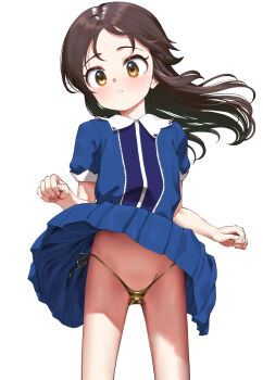 1girl bikini bikini_bottom_only blue_shirt blue_skirt blush brown_hair cameltoe commentary_request floating_hair gold_bikini groin highres idolmaster idolmaster_cinderella_girls loli long_hair looking_at_viewer micro_bikini panties pettan_p pleated_skirt shirt short_sleeves side-tie_bikini_bottom skirt solo stomach swimsuit tachibana_arisu underwear variant_set very_long_hair wind wind_lift yellow_eyes