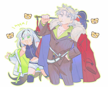 Rule 34 | 1boy, 1girl, belt, black hair, cigarette, clothes over shoulder, coat, coat on shoulders, commentary, crop top, cropped shirt, fate/grand order, fate (series), formal clothes, fur-trimmed coat, fur trim, green eyes, green jacket, hand fan, hand in pocket, jacket, multicolored coat, multicolored hair, multicolored jacket, nagao kagetora (fate), navel, oneroom-disco, open mouth, over shoulder, pants, pinstripe jacket, pinstripe pants, pinstripe pattern, pinstripe suit, red coat, shorts, simple background, single thighhigh, striped clothes, striped jacket, striped suit, suit, symbol-only commentary, takeda shingen (fate), takeda shingen (first ascension) (fate), thigh strap, thighhighs, two-tone coat, two-tone hair, two-tone jacket, uesugi kenshin (second ascension) (fate), unlit cigarette in mouth, vertical-striped suit, war fan, weapon, weapon over shoulder, white background, white belt, white hair, white jacket, white shorts