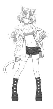 1girl absurdres animal_ear_fluff animal_ears anno_masato belt belt_buckle boots breasts buckle cardigan_partially_removed cat_ears cat_girl cat_tail closed_mouth commentary_request double-parted_bangs double_v full_body greyscale highres jewelry long_sleeves monochrome navel necklace original short_shorts shorts sketch small_breasts smile solo sports_bra standing stomach tail thighhighs v