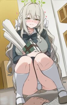 1boy 1girl blonde_hair blue_archive blush bow breasts closed_mouth green_halo hair_bow halo highres iino_(isnyong) large_breasts long_hair miyo_(blue_archive) panties school_uniform smile socks solo_focus squatting thighs underwear very_long_hair white_bow white_panties white_socks yellow_eyes