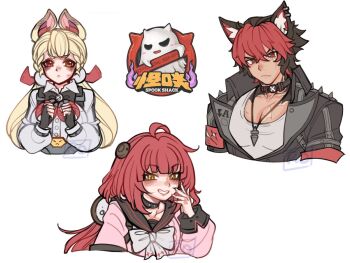 1boy 2girls alice_thymefield animal_ear_fluff animal_ears black_gloves black_hair black_jacket black_sailor_collar blonde_hair blush cardigan chest_bow closed_mouth collar collarbone commentary crossed_bangs dog_boy dog_ears ear_piercing english_commentary fingerless_gloves gloves green_eyes grin hair_between_eyes hair_ornament hearing_aid heterochromia jacket jewelry komano_manato long_hair looking_at_viewer low_twintails multicolored_hair multiple_girls multiple_scars muscular muscular_male necklace pectorals piercing pink_cardigan rabbit_ears rabbit_girl red_eyes red_hair rosavatar1 sailor_collar scar scar_across_eye scar_on_chest scar_on_face shirt short_hair simple_background sketch smile sphere_hair_ornament spiked_jacket twintails ukinami_yuzuha upper_body v-shaped_eyebrows watermark white_background white_shirt yellow_eyes zenless_zone_zero