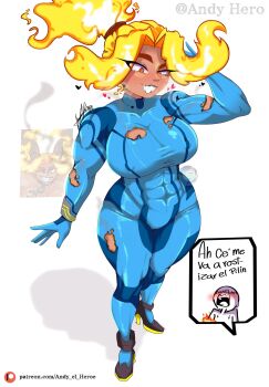 1boy 1girl 2025 abs andy_hero artist_name blue_bodysuit bodysuit boots borrowed_character breasts burning cameltoe commentary cosplay covered_erect_nipples curvy dark-skinned_female dark_skin eljarochofeliz english_commentary fire_hair full_body grin heart heavy_breathing high_heel_boots high_heels highres large_breasts long_hair metroid muscular muscular_female nintendo orange_eyes orange_hair original parted_bangs reference_inset samus_aran_(cosplay) screaming scrunchie seductive_smile shadow sharp_teeth simple_background skin_tight smile spanish_text speech_bubble standing taut_clothes teeth thick_thighs thighs titania_(eljarochofeliz) toned toned_female torn_bodysuit torn_clothes white_background yellow_trim zero_suit