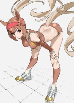 Rule 34 | 1girl, animal ear fluff, animal ears, ass, bare shoulders, breasts, bridle, brown buruma, brown eyes, brown hair, brown sports bra, buruma, chestnut thoroughbred (kemono friends), commentary request, detached sleeves, gradient hair, hands on own knees, highres, horse ears, horse girl, horse tail, kemono friends, leaning forward, long hair, long sleeves, looking at viewer, looking back, medium breasts, midriff, multicolored hair, ponytail, shirt, shoes, sleeveless, sleeveless shirt, solo, sports bra, sportswear, tail, tanabe (fueisei), white hair, white shoes