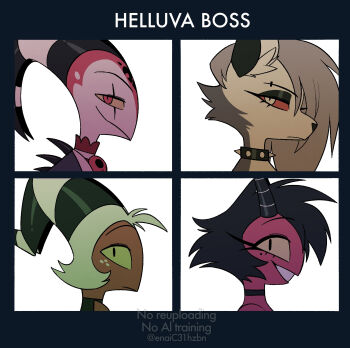 2boys 2girls :d animal_nose black_border black_choker black_eyes black_hair black_horns black_shirt blitzo_(helluva_boss) border choker closed_mouth colored_sclera colored_skin commentary_request copyright_name demon_boy demon_days_(gorillaz) demon_girl demon_horns eyebrow_piercing face_piercing father_and_daughter freckles frown furry furry_female gorillaz grey_fur grey_hair grin hellaverse helluva_boss highres horns husband_and_wife long_hair looking_at_viewer loona_(helluva_boss) menma_(enaic31) millie_(helluva_boss) mole mole_under_eye moxxie_(helluva_boss) multicolored_horns multiple_boys multiple_girls open_mouth piercing portrait profile red_eyes red_sclera red_skin scar scar_across_eye scar_on_face shirt short_hair simple_background skull_brooch smile spiked_choker spikes step-parent_and_step-child striped_horns twitter_username two-tone_fur two-tone_horns very_short_hair watermark white_background white_eyes white_fur white_hair white_horns wolf_girl yellow_sclera
