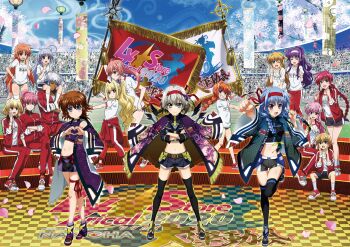 Rule 34 | 2boys, 6+girls, amitie florian, arf, arisa bunnings, audience, blonde hair, carrying, checkered floor, clothes writing, flag, gym shirt, gym shorts, gym uniform, heart, heart hands, highres, iris (nanoha), kawakami shuuichi, kyrie florian, levi the slasher, lord dearche, lyrical nanoha, lyrical store, mahou shoujo lyrical nanoha detonation, midriff, multiple boys, multiple girls, navel, official alternate costume, official art, outdoors, reinforce zwei, schwertkreuz, shamal, shirt, shorts, shoulder carry, signum, sitting, sitting on stairs, smile, sports festival, stadium, stairs, standing, stern the destructor, thigh gap, thighhighs, tsukimura suzuka, variant set, vita (nanoha), yersiniakreuz, yuri eberwein, yuuno scrya, zafira