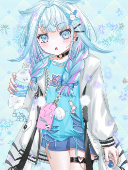 1girl arisuuuuu.1436 blue_hair bottle braid highres hololive hololive_dev_is jacket mizumiya_su soda tenshi_kaiwai virtual_youtuber