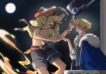 Rule 34 | 2boys, arrrrrrrrrrrow, bead necklace, beads, belt, black hair, black hat, black shorts, blonde hair, blue coat, bracelet, coat, coat on shoulders, feet out of frame, fire, from side, full moon, fur-trimmed coat, fur trim, grin, hat, hat on back, holding, holding hands, holding unworn clothes, holding unworn hat, jewelry, looking at another, male focus, moon, multiple boys, necklace, night, one piece, open clothes, open shirt, orange hat, portgas d. ace, profile, sabo (one piece), scar, scar on face, shirt, short hair, shorts, smile, unworn hat, unworn headwear, vest, white shirt, yellow shirt