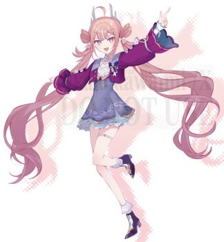 Rule 34 | 1girl, :d, ahoge, antlers, bear-shaped pupils, bow, cloud print, commentary request, cropped jacket, deer antlers, dress, floral print, frills, full body, hair ornament, hairclip, honkai (series), honkai impact 3rd, horns, kakekawaimi, knee up, long hair, long sleeves, multicolored hair, open mouth, pink eyes, pink hair, platform heels, pointing, sidelocks, simple background, smile, streaked hair, thigh strap, twintails, very long hair, watermark, youyun