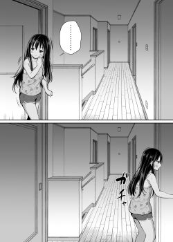 ... 1girl absurdres airandou camisole comic door greyscale hallway highres long_hair looking_to_the_side monochrome opening_door original shorts silent_comic sleeveless solo spoken_ellipsis