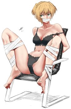 1girl blonde_hair bound bra chair girls'_frontline green_eyes highres kimuwaipu navel restrained simple_background sweat sweatdrop tagme underwear welrod_mkii_(girls'_frontline) white_background