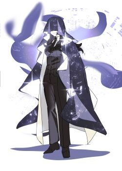 1girl absurdres black_hair black_necktie black_vest breasts cloak coat collared_shirt covered_eyes facing_viewer formal_clothes full_body genderswap genderswap_(mtf) highres hood hood_up hooded_cloak long_hair ma_someru necktie omniscient_reader&#039;s_viewpoint open_clothes open_coat secretive_plotter shirt smirk solo sparkle standing starry_sky_print vest wavy_hair white_coat white_shirt yoo_joonghyuk