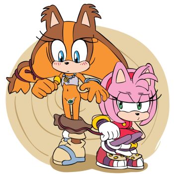 2girls amy_rose bare_legs bent_over bisonvega blue_eyes blush bottomless bracelet brown_fur brown_hair censored clothes_pull collar dress gloves green_eyes groin hairband half-closed_eyes jewelry leaf legs loli looking_down medium_hair multiple_girls no_panties orange_fur orange_hair petite pink_fur pink_hair purple_socks red_dress sega shoes skirt skirt_down skirt_pull sneakers socks sonic_(series) sonic_boom_(series) sticks_the_badger strapless tail tube_top twintails