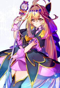 Rule 34 | 1girl, absurdres, antenna hair, black bow, black bowtie, black capelet, black dress, blonde hair, bow, bowtie, braid, brooch, capelet, closed mouth, commentary, cowboy shot, crown braid, cure arcana shadow, diamond hairband, dress, earrings, frilled capelet, frilled cuffs, frills, frown, gradient hair, hair bow, hair intakes, heart, heart brooch, highres, holding, holding staff, jewelry, long hair, looking at viewer, magical girl, medium dress, meitantei precure!, moria luluka, multicolored hair, precure, purple dress, purple eyes, purple nails, purple veil, solo, staff, standing, tear arcana rod, two-tone dress, veil, very long hair, yuutarou (fukiiincho)