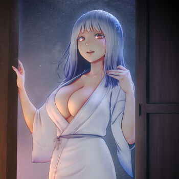 1girl :d blue_hair breasts cleavage commentary_request door eyelashes highres horiishi_horuto japanese_clothes japanese_mythology kimono large_breasts long_hair looking_at_viewer monster_girl open_mouth purple_eyes revision smile snowflake_print snowing solo teeth yuki_onna