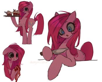 1girl :o @_@ blood blood_on_hands blue_eyes colored_skin commentary constricted_pupils crazy_eyes crying crying_with_eyes_open cupcake derpymccallion eating english_commentary food full_body highres holding holding_knife holding_plate imminent_self-harm knife long_hair multiple_views my_little_pony my_little_pony:_friendship_is_magic pink_hair pink_skin pinkamena_diane_pie pinkie_pie plate pony_(animal) self-harm solo tears