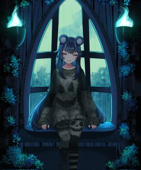 1girl animal_ears bear_ears blue_fire blue_hair closed_eyes fire fujikura_uruka highres hyurisaki phase_connect second-party_source sweater virtual_youtuber window