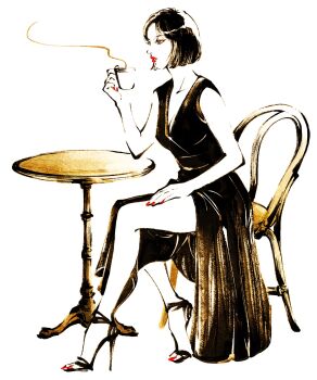 1girl chair commentary_request cup dress full_body high_heels highres holding holding_cup looking_ahead mixed-language_commentary original parted_lips profile red_nails short_hair side_slit sitting sleeveless sleeveless_dress smoke solo sotoko table