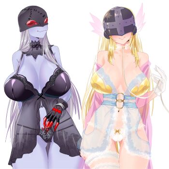 2girls angel_girl angewomon bare_shoulders blonde_hair breasts collarbone covered_eyes demon_girl digimon digimon_(creature) gerusyu grey_hair head_wings helmet helmet_over_eyes highres ladydevimon large_breasts lingerie mask multiple_girls panties red_eyes short_hair simple_background smile standing thighs underwear white_background wings