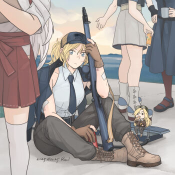 5girls bandaged_arm bandages baseball_cap belt black_belt black_dress black_necktie blonde_hair bolt_action bomber_jacket boots brown_boots brown_gloves can commentary_request cup dated dress eating fairy_(kancolle) flight_deck gloves grey_eyes grey_pants grey_skirt gun gun_sling hakama hakama_short_skirt hakama_skirt hand_on_own_hip hat holding holding_can holding_cup holding_gun holding_weapon hornet_(kancolle) intrepid_(kancolle) jacket jacket_on_shoulders japanese_clothes kantai_collection long_hair looking_at_another lower_body m1903_springfield multiple_girls muneate necktie pants partially_fingerless_gloves red_hakama red_thighhighs rifle riku-a sandals saratoga_(kancolle) saratoga_mk_ii_(kancolle) shirt shoukaku_(kancolle) signature skirt sleeveless sleeveless_shirt thighhighs weapon white_hair white_shirt white_thighhighs