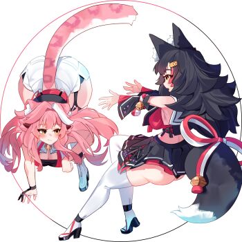 2girls absurdres animal_ear_fluff animal_ears ass black_hair black_shoes black_skirt blush border breasts cleavage closed_mouth clulless commentary detached_sleeves english_commentary hair_intakes hair_ornament high_heels highres hololive hololive_english large_breasts long_hair looking_at_another miniskirt multicolored_hair multiple_girls ookami_mio open_mouth panther_ears panther_girl panther_tail pink_hair raora_panthera round_border shoes short_shorts shorts sideboob skirt smile streaked_hair tail thighhighs virtual_youtuber white_background white_shorts white_streaks white_thighhighs wolf_ears wolf_girl wolf_tail yellow_eyes