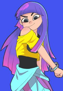 1girl black_eyes blunt_bangs glitch_techs gloves highres long_hair looking_at_viewer miko_kubota nanase_(trfok1) off_shoulder purple_hair shirt simple_background solo thick_thighs thighhighs thighs very_long_hair yellow_shirt