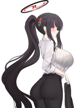 Rule 34 | 1girl, absurdres, ass, black bra, black hair, black pants, blue archive, bra, bra visible through clothes, breasts, bright pupils, commentary, halo, headgear, high ponytail, highres, large breasts, long hair, looking at viewer, pants, ponytail, red eyes, ringed eyes, rio (blue archive), see-through clothes, see-through shirt, shirt, shirt tucked in, shuri ri1220, sidelocks, simple background, solo, underwear, very long hair, white background, white pupils, white shirt