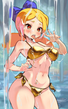 1girl absurdres bikini blonde_hair blue_bow blush bow breasts curvy dripping dripping_tongue drool_on_face drooling frown gold_bikini hair_bow highres large_breasts life_is_pi navel parted_bangs pond red_eyes saliva shantae_(series) short_hair sidelocks slime_(substance) sticky sticky_fingers swimsuit thick_thighs thighs tongue tongue_out twintails twitch_(shantae) variant_set water_drop wayforward wet