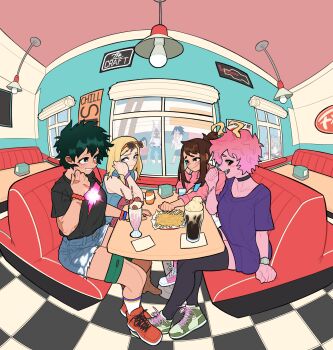6+girls ashido_mina blonde_hair blue_eyes boku_no_hero_academia brown_eyes brown_hair can colored_skin drink_can food freckles french_fries genderswap genderswap_(mtf) green_eyes green_hair indoors loopvoid matching_hair/eyes melissa_shield messy_hair midnight_(boku_no_hero_academia) midoriya_inko midoriya_izuku milkshake mirko multiple_girls pink_hair pink_skin short_hair sidelocks soda_can uraraka_ochako window