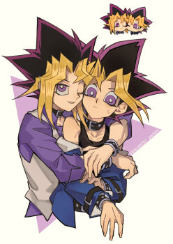 Rule 34 | 2boys, absurdres, arm belt, bare shoulders, belt, belt buckle, belt collar, black belt, black shirt, blue jacket, buckle, cheek-to-cheek, chinese commentary, choker, closed mouth, collar, collarbone, commentary request, heads together, highres, jacket, long sleeves, looking to the side, male focus, multicolored hair, multiple boys, muto yugi, nervous sweating, one eye closed, purple eyes, purple shirt, saka nagiya, shirt, short hair, sleeve cuffs, smile, spiked hair, sweat, tank top, two-tone hair, vest, white background, white vest, yami yugi, yu-gi-oh!, yu-gi-oh! duel monsters